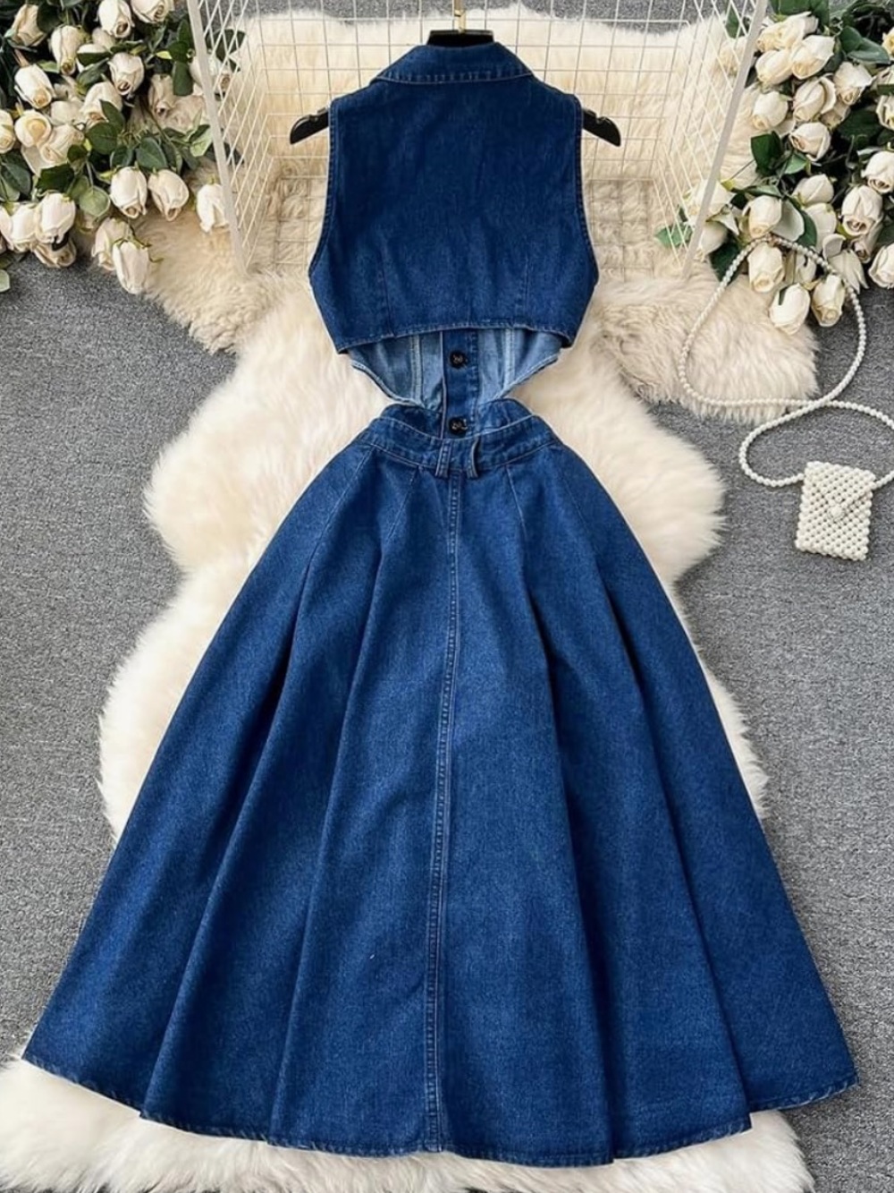 Amazon Women's Denim Midi Dress in Dark Blue with decorative gold buttons - Picture 2 of 9